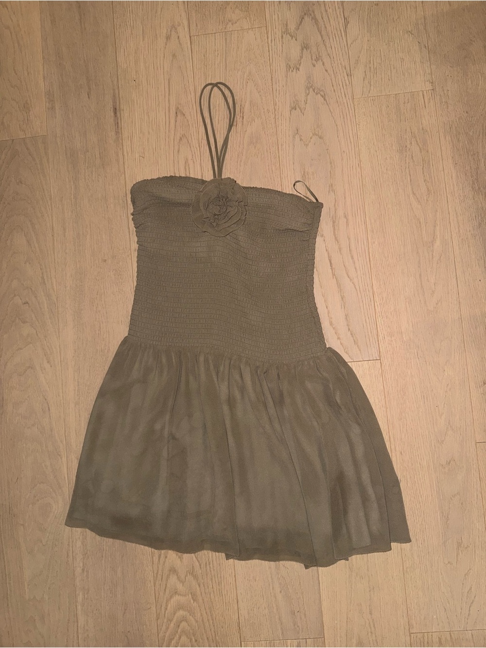 Aritzia Olive Strapless Dress with Floral Accent